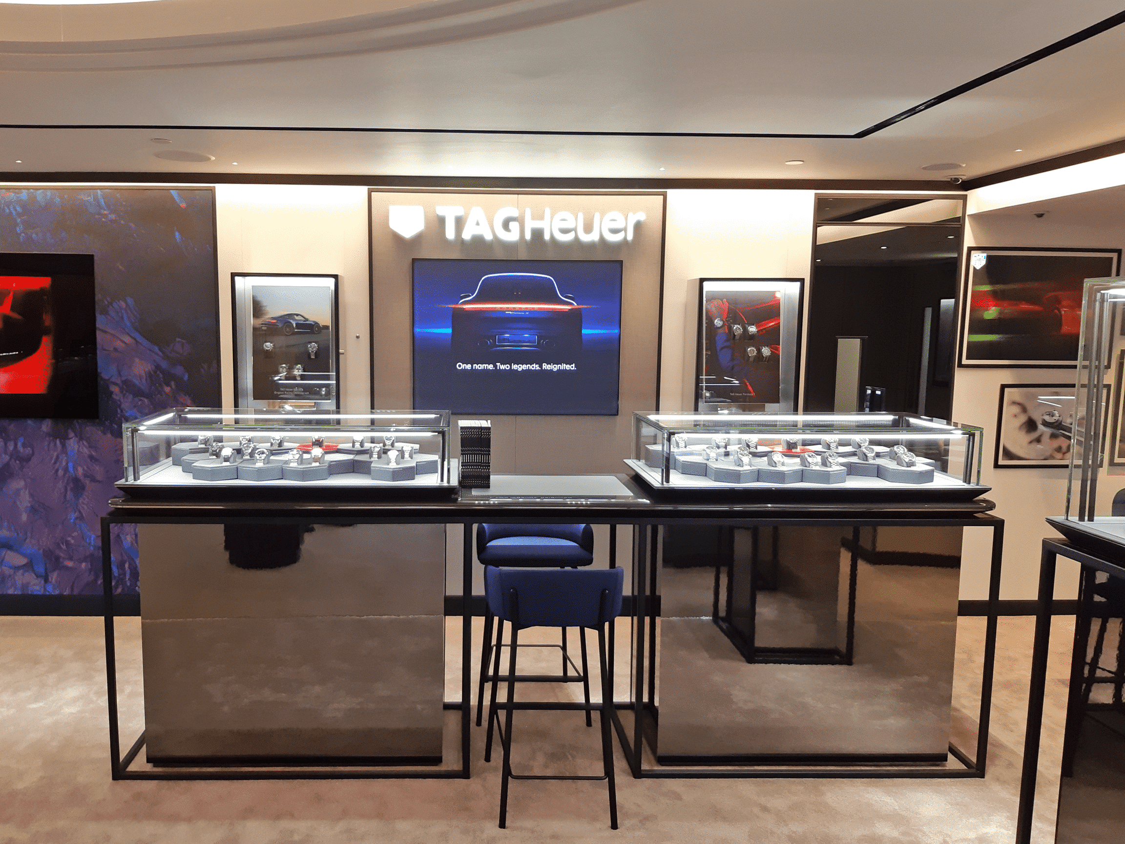 display case for exclusive watches for TAG Heuer shopfitting in Harrods London