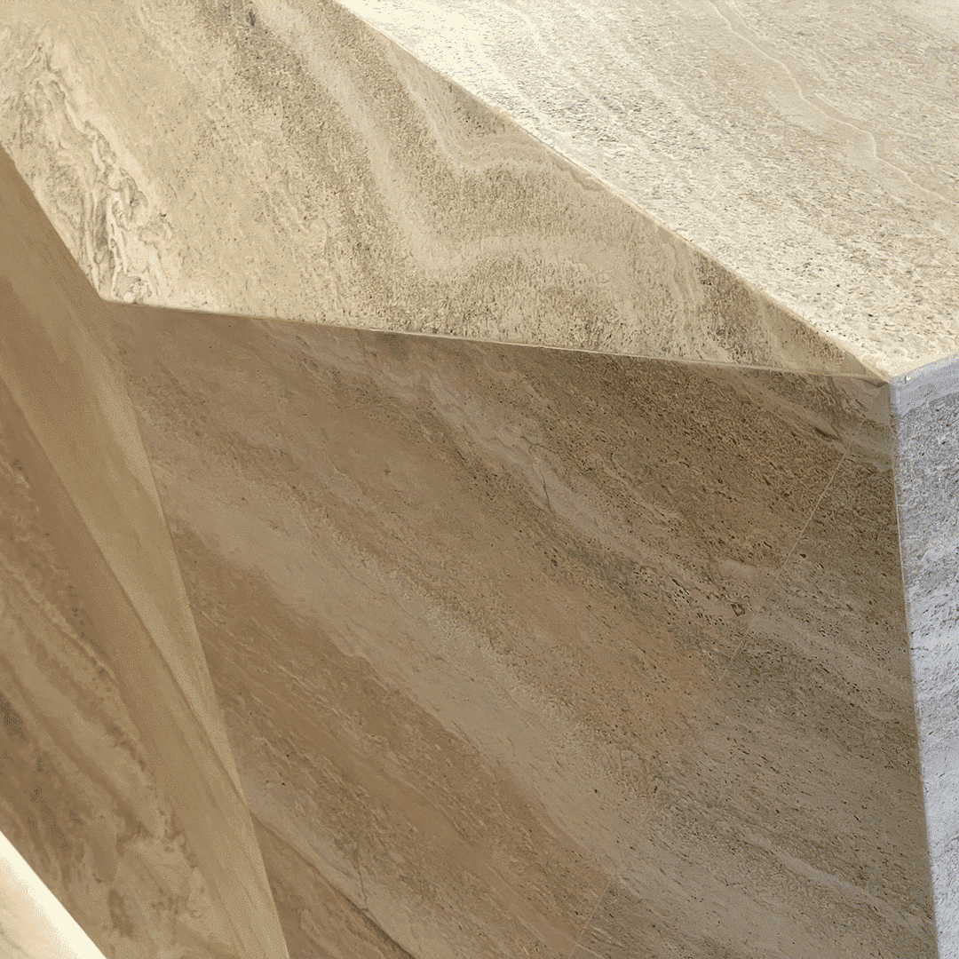 Concierge desk with natural stone in artful form close up
